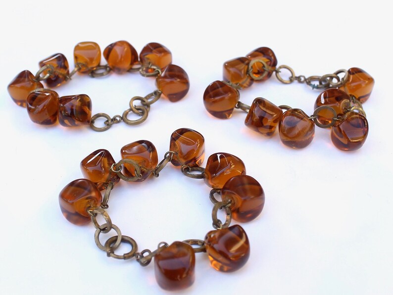 Art Deco Cognac Glass Cube Bead and Brass Bracelet Matching Antique Chunky Faceted Pillow Beads image 4