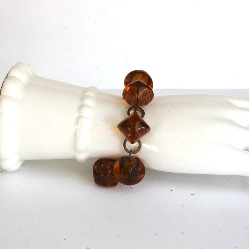 Art Deco Cognac Glass Cube Bead and Brass Bracelet Matching Antique Chunky Faceted Pillow Beads image 8