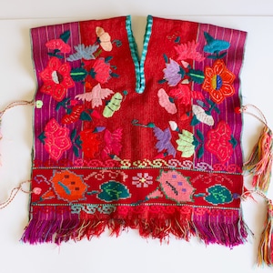 Vintage Zinacantan Handwoven Embroidered Cotton Huipil Poncho Tunic - Chiapas Mexico Textile Art