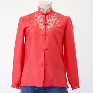 Vintage Hand Embroidered Coral Chinese Silk Mandarin Collar Blouse with Frog Button Closures - Small
