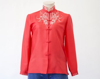 Vintage Hand Embroidered Coral Chinese Silk Mandarin Collar Blouse with Frog Button Closures - Small