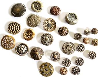 26 Antique Metal Buttons From Samplers Card - Coat Buttons Pierced Brass Two Piece Filigree High Relief