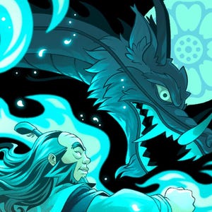 A close up of the illustration. You can see the blue section of the print which has the older man. There’s a blue dragon and moon as well as blue flames.