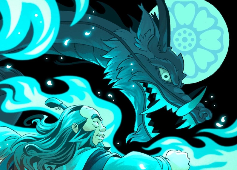A close up of the illustration. You can see the blue section of the print which has the older man. There’s a blue dragon and moon as well as blue flames.