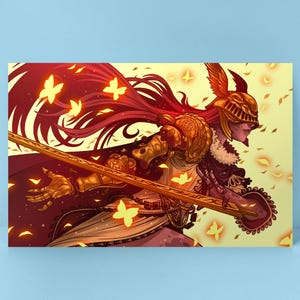 May include: A digital illustration of a woman warrior in golden armor with red hair and a sword. She is surrounded by yellow butterflies on a yellow background.