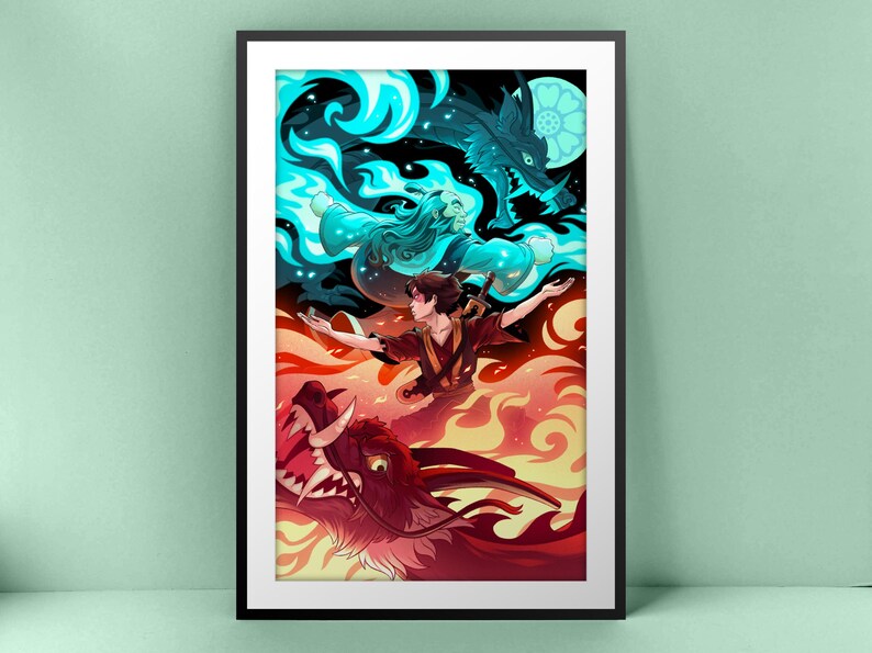 The art print is framed and is leaning against a green wall. The frame is black with a white inner area.