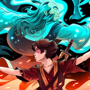 A close up of the illustration. You can see the two figures. They have similar stances with both their arms out long. The red character is in front facing left and the blue character is behind facing right.