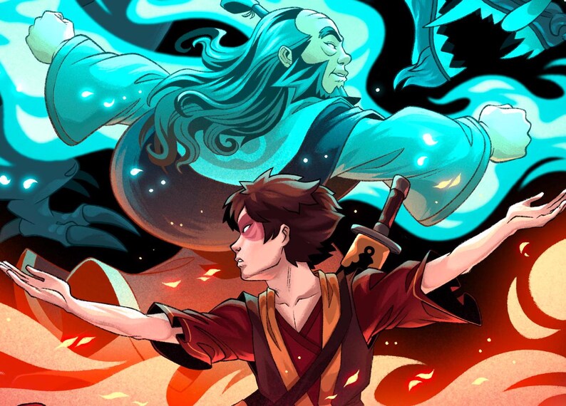 A close up of the illustration. You can see the two figures. They have similar stances with both their arms out long. The red character is in front facing left and the blue character is behind facing right.