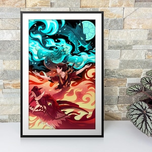 The art print is framed and is leaning against a wall on a mantle. There’s a plant next to it.
