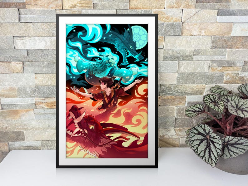 The art print is framed and is leaning against a wall on a mantle. There’s a plant next to it.