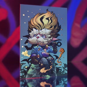 May include: Illustration of a cartoon character with a large head, wearing a blue uniform and holding a weapon. The character has a white mustache and a large, fluffy hairstyle. The background is a mix of blue and red colors.