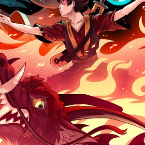 A close up of the illustration. You can see the red section of the print which has the younger man. Among the red flames is a red dragon.