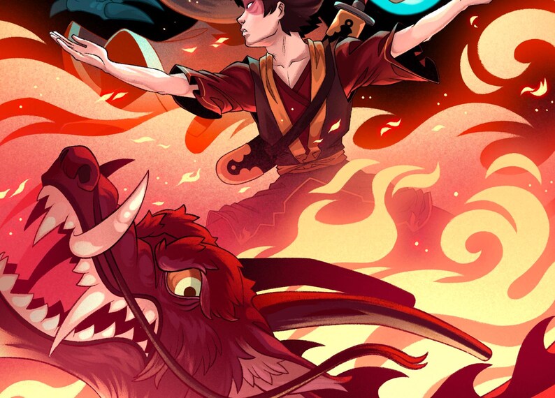 A close up of the illustration. You can see the red section of the print which has the younger man. Among the red flames is a red dragon.