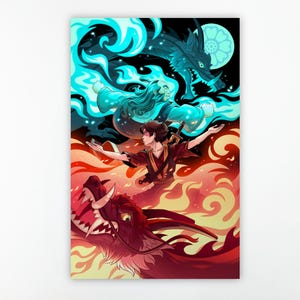 The art print is flat on a white background. The top figure is of an older man with long hair. He’s surrounded by blue flames. The bottom figure is of a young man with short brown hair. He’s surrounded by red flames.