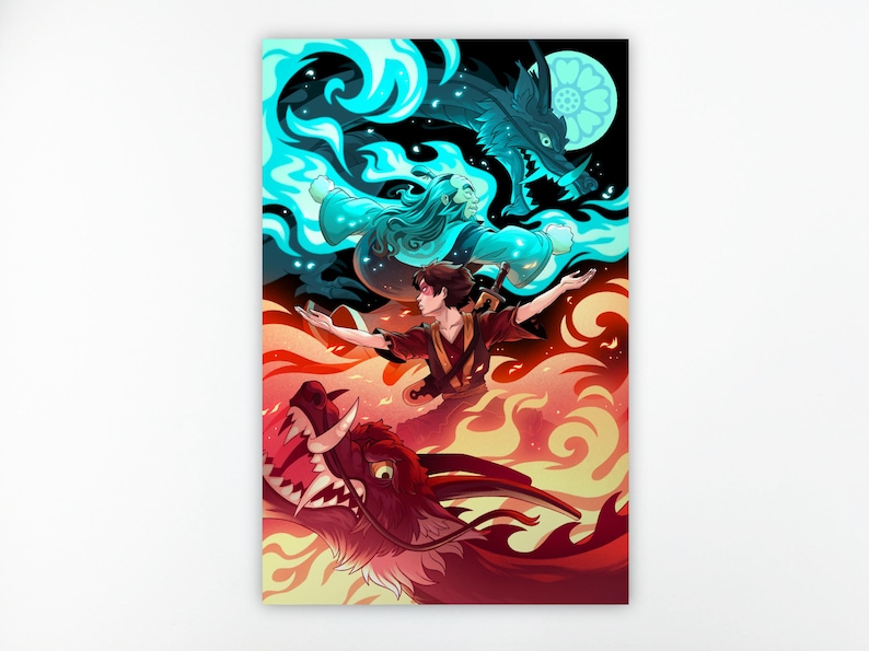 The art print is flat on a white background. The top figure is of an older man with long hair. He’s surrounded by blue flames. The bottom figure is of a young man with short brown hair. He’s surrounded by red flames.