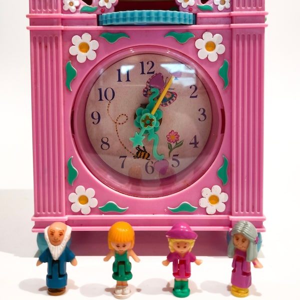 Works ! Rare- Complet -Vintage Polly Pocket clock - pink variation - Polly pocket fun time clock -Bluebird- 1991