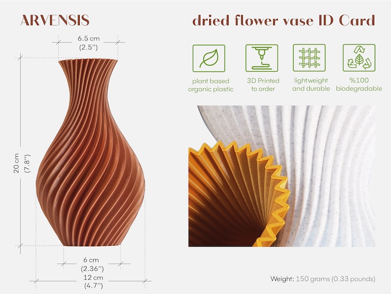 Pu&ograve; includere: Un vaso marrone stampato in 3D con un design a spirale. Il vaso &egrave; alto 20 cm e largo 12 cm. &Egrave; realizzato in plastica organica a base vegetale ed &egrave; biodegradabile al 100%.