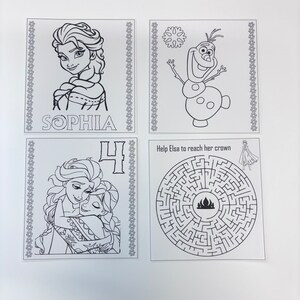 May include: Four black and white printable colouring pages featuring characters from the animated film Frozen. The first page features a portrait of Elsa with the name "Sophia" written below. The second page features Olaf, the snowman. The third page features Elsa and Anna hugging. The fourth page features a maze with Elsa at the start and a crown at the end. The text "Help Elsa to reach her crown" is written above the maze.