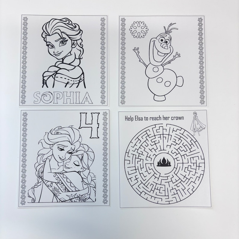 May include: Four black and white printable colouring pages featuring characters from the animated film Frozen. The first page features a portrait of Elsa with the name "Sophia" written below. The second page features Olaf, the snowman. The third page features Elsa and Anna hugging. The fourth page features a maze with Elsa at the start and a crown at the end. The text "Help Elsa to reach her crown" is written above the maze.