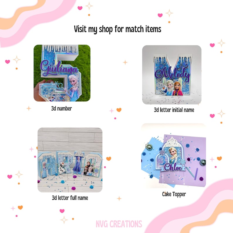 May include: Four Frozen-themed cake toppers, including a 3D number, a 3D initial letter, a 3D full name, and a cake topper. The toppers feature glitter, blue and purple colours, and images of Elsa and Anna from the film Frozen.