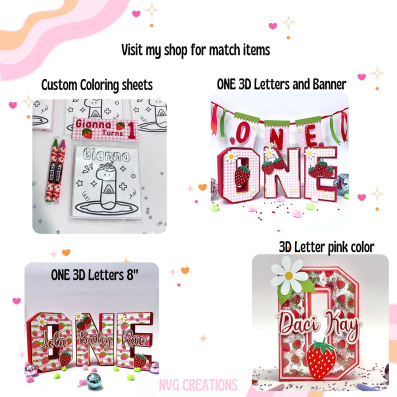 May include: A set of three 3D letters spelling "ONE" in pink and red with a strawberry and gingham pattern. The letters are 8 inches tall and are decorated with white daisies. The letters are on a white background with pink and white confetti.