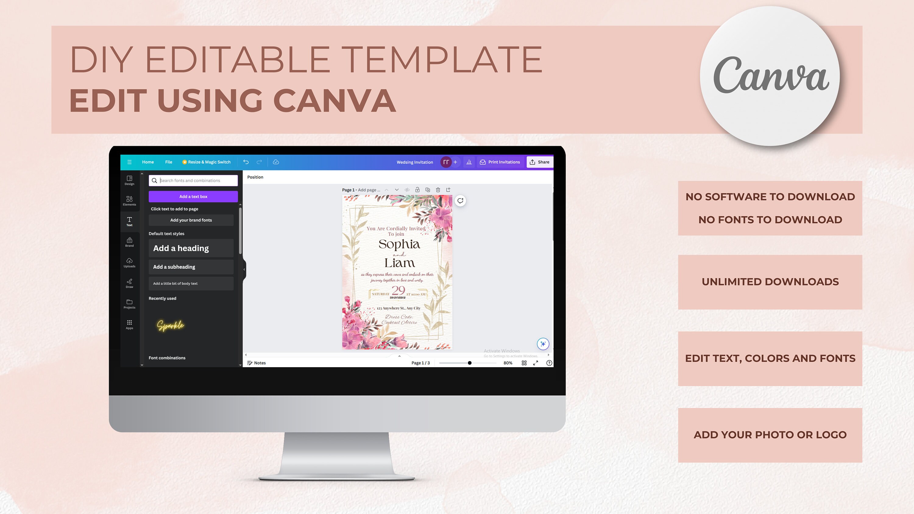 Editable Wedding Invitation Set, Floral Wedding Suite, Printable ...