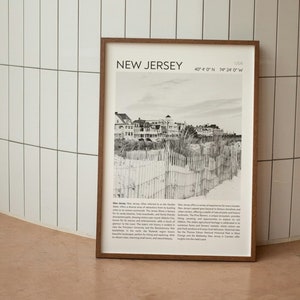 Impresión digital en blanco y negro de Nueva Jersey, arte mural vintage de Nueva Jersey, póster de viaje en blanco y negro, impresión de periódico, decoración de dormitorio universitario, casa de playa