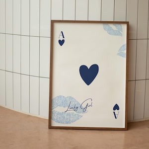 Stampa trendy con asso di cuori, poster con asso di cuori, poster "Sei fortunato", arte murale retrò alla moda, stampa femminile, poster con carte da gioco, arte murale blu