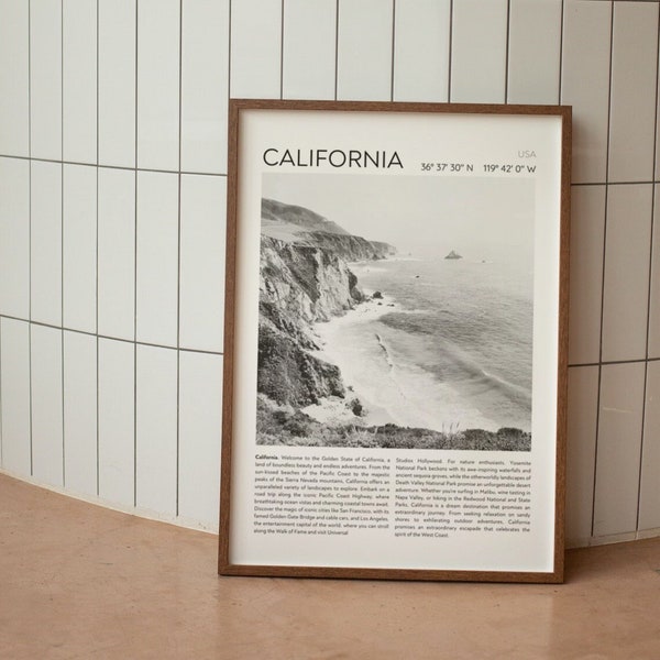 California Black and White Digital Print, Vintage Wall Art, Travel Black White Poster, Newspaper Print, Coastal Decor, Beach House Decor