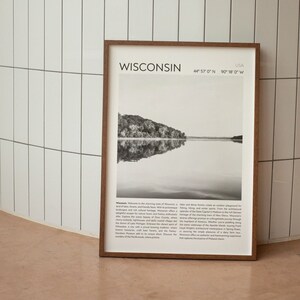 Impresión digital en blanco y negro de Wisconsin, arte mural vintage, póster de viaje en blanco y negro, impresión de periódico, decoración costera, decoración de casas en el lago