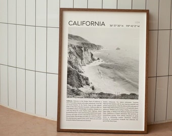 Küste von Kalifornien, schwarz weiß Druck: Vintage Reise Poster (Digitaler Download)