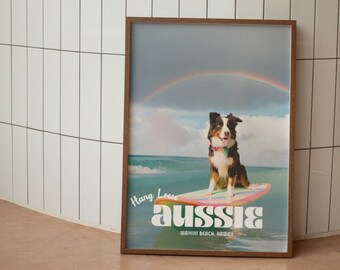 Australian Shepherd Surfing Print: Retro Coastal Wall Art (Digital Download)