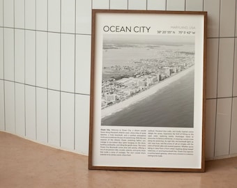 May include: A black and white photograph of Ocean City, Maryland, USA. The photo shows a view of the city from the ocean, with the beach and boardwalk in the foreground. The text "OCEAN CITY" and "MARYLAND, USA" is printed at the top of the photo, along with the coordinates "38° 20' 55" N 75° 5' 42" W".