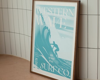Western Wave Surf Co Print, Teal Coastal Art (Digital Download)