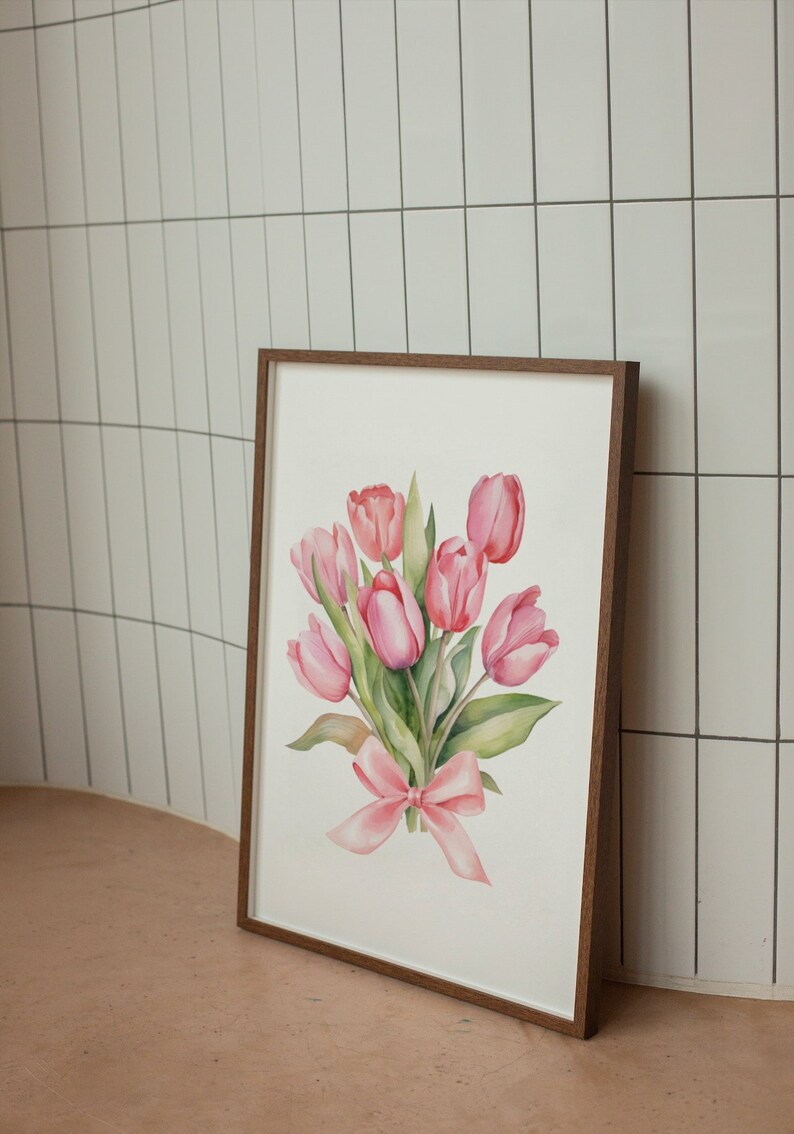 Tulip Watercolor Print Set: Pink Bows, Girly Home Decor (digital ...