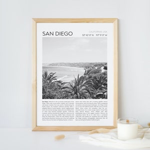 San Diego Schwarz-Weiß-Druck, Vintage Strandwandkunst, Reise-Schwarz-weiß-Druck, Zeitungsdruck, Küstendekoration, kalifornische Wandkunst