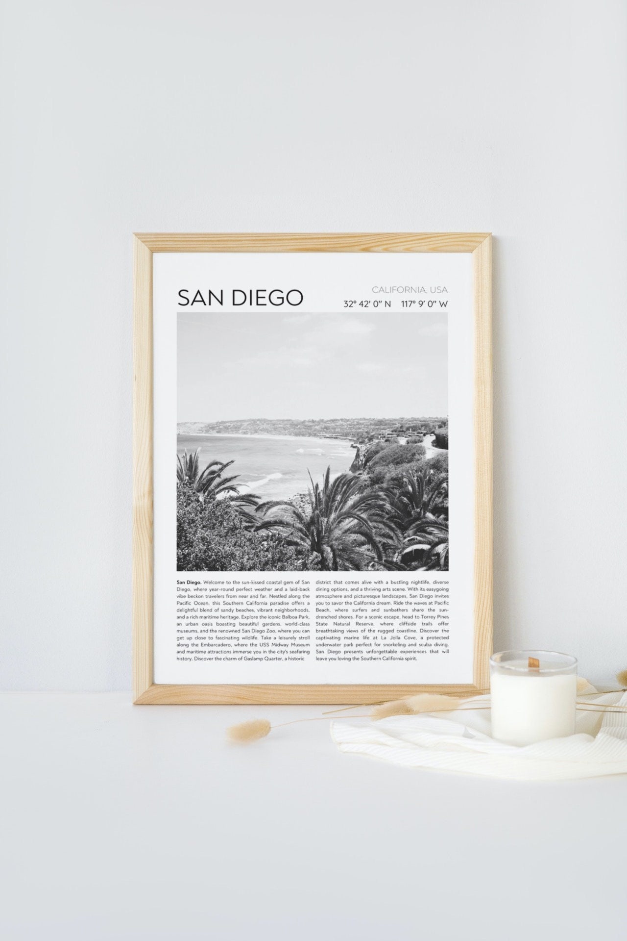 San Diego Black and White Print, Vintage Beach Wall Art, Travel Black