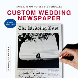 May include: A custom wedding newspaper Canva template featuring the title The Wedding Post, a black and white silhouette photo of a couple on a beach, and the text Welcome to the wedding of Julia Anderson and Adam Davis with 4 unique pages.