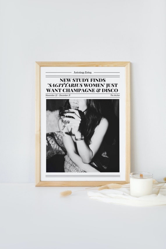 Sagittarius Woman Champagne Disco Print: Black and White Astrology Art (Digital Download)