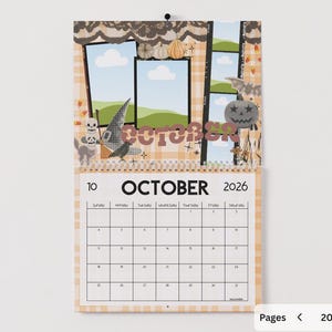 May include: A Halloween-themed calendar for October 2026. The top features a decorative scene with pumpkins, a witch's hat, and a bat. The word "October" is prominently displayed. The calendar has a grid layout with dates.