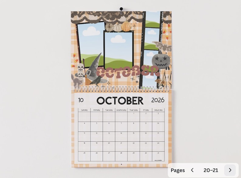 May include: A Halloween-themed calendar for October 2026. The top features a decorative scene with pumpkins, a witch's hat, and a bat. The word "October" is prominently displayed. The calendar has a grid layout with dates.
