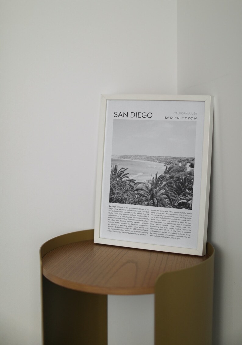 San Diego Black and White Print, Vintage Beach Wall Art, Travel Black