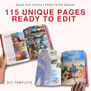Op de afbeelding: Een doe-het-zelf sjabloon met 115 unieke pagina's die klaar zijn om te bewerken in Canva. De afbeelding toont twee open boeken met collage-achtige lay-outs, inclusief foto's en tekstoverlays zoals 'SUMMER IN AUSTIN' en 'PUMPKIN PATCH'.