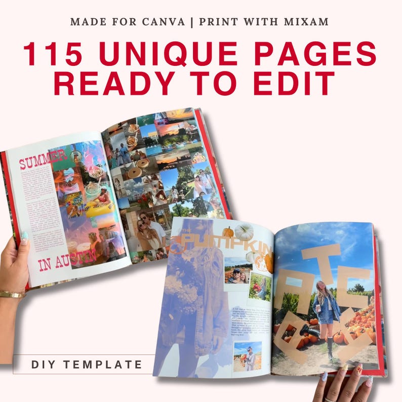 Op de afbeelding: Een doe-het-zelf sjabloon met 115 unieke pagina's die klaar zijn om te bewerken in Canva. De afbeelding toont twee open boeken met collage-achtige lay-outs, inclusief foto's en tekstoverlays zoals 'SUMMER IN AUSTIN' en 'PUMPKIN PATCH'.