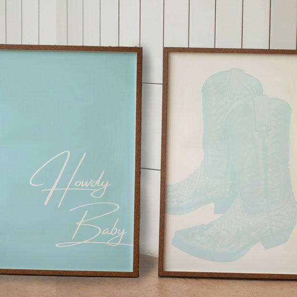 Cowgirl Teal Prints Set of 2, light blue posters, western decor, howdy baby, trendy wall prints, printable art, coastal cowgirl wall art