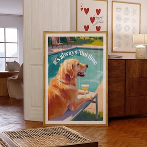 ゴールデンレトリバーのマティーニウォールアートプリント - 面白い犬の夏のアート、いつもマティーニタイム、マティーニ犬のデジタルダウンロード、油絵の犬のプリント