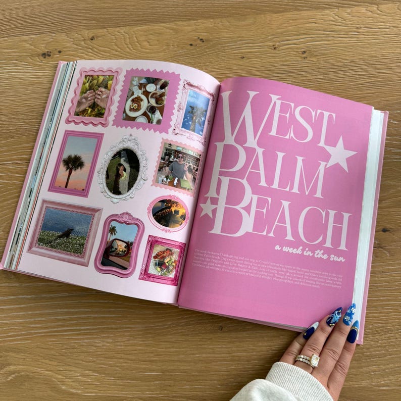 Pu&ograve; includere: Un libro aperto con pagine rosa che presenta un collage di piccole fotografie incorniciate a sinistra e il testo bianco "WEST PALM BEACH a week in the sun" a destra. Le foto mostrano varie scene tra cui palme, cibo e paesaggi.