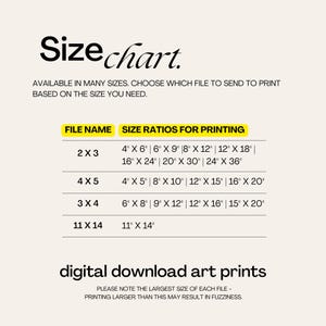 May include: A size chart for digital download art prints, with file names and size ratios for printing. Sizes include 4" x 6", 6" x 9", 8" x 12", 12" x 18", 16" x 24", 20" x 30", and 24" x 36". The chart is on a cream background.