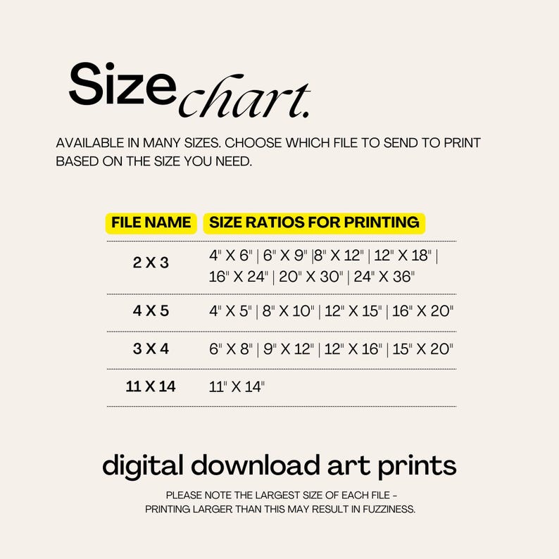 May include: A size chart for digital download art prints, with file names and size ratios for printing. Sizes include 4" x 6", 6" x 9", 8" x 12", 12" x 18", 16" x 24", 20" x 30", and 24" x 36". The chart is on a cream background.