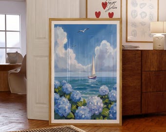 Sailboat & Blue Hydrangea Coastal Print: East Coast Beach House (Digital Download)
